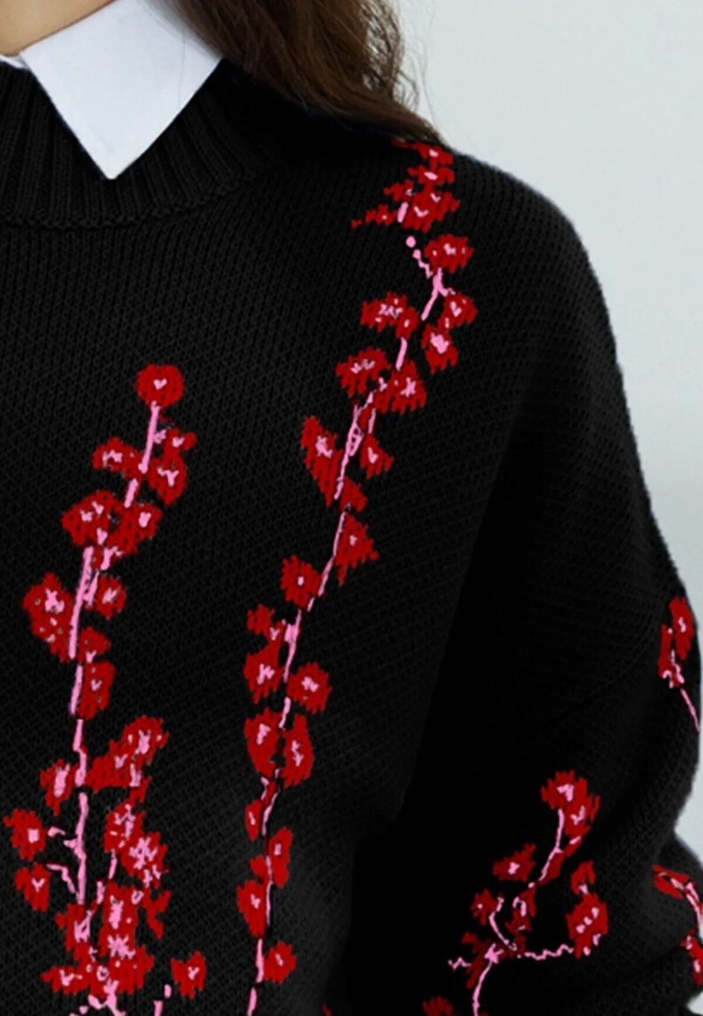 Women Floral Embroidered Sweater, Knitwear Flower Print Sweater, Cottagecore Sweatshirt