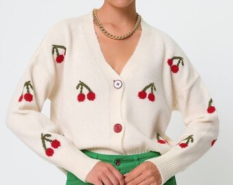 Cherry Women White Cardigan Berry Sweater Cherry Chunky Knit - Etsy