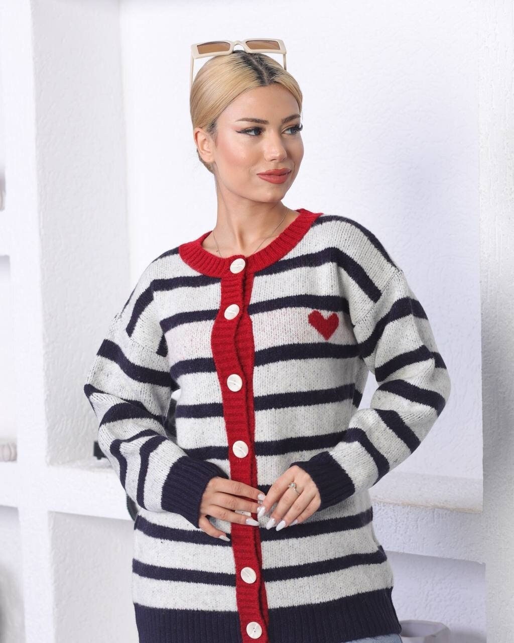 Heart Pattern Striped Sweater, Red Heart Knit Cardigan, Valentines Gift