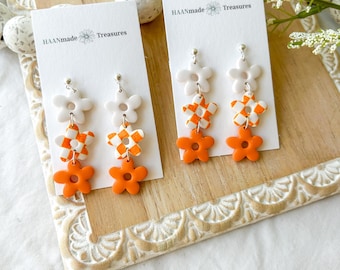 Orange Checkered Flower Stack Earrings: Game Day Jewelry