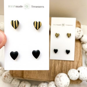 Black and Gold Heart Studs: Candy Stripe Earrings