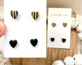 Black and Gold Heart Studs: Candy Stripe Earrings