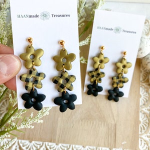 Black and Gold Flower Earrings: Checkered Dangle Earrings