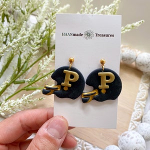 Handmade Purdue Football Helmet Earrings: Black and Gold Plated Brass