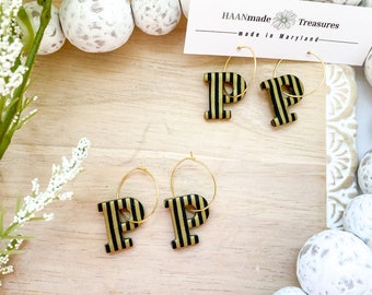 Black and Gold Candy Stripe "P" Earrings - Game Day