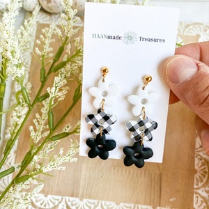 Black and White Flower Earrings: Checkered Dangle Earrings