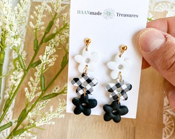 Black and White Earrings - Checkered Earrings - Flower Earrings