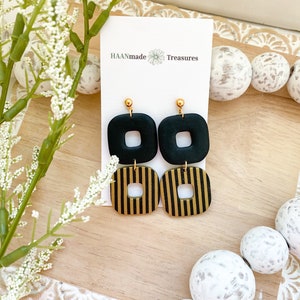Black and Gold Square Earrings: Striped Dangle Earrings