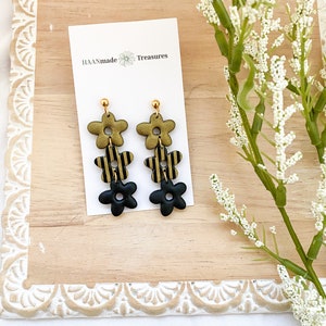 Candy Stripe Flower Earrings: Black and Gold Plated Brass