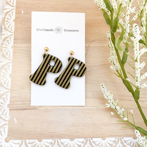 Vintage Black and Gold Stripe &quot;P&quot; Earrings - Game Day Style