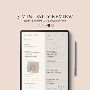 May include: A digital planner with a daily reflection template. The planner has a light pink background with a white border. The planner includes sections for morning and evening reflections, gratitude, and goals. The planner also includes a section for challenges and lessons learned. The planner is designed to help users reflect on their day and set goals for the future.