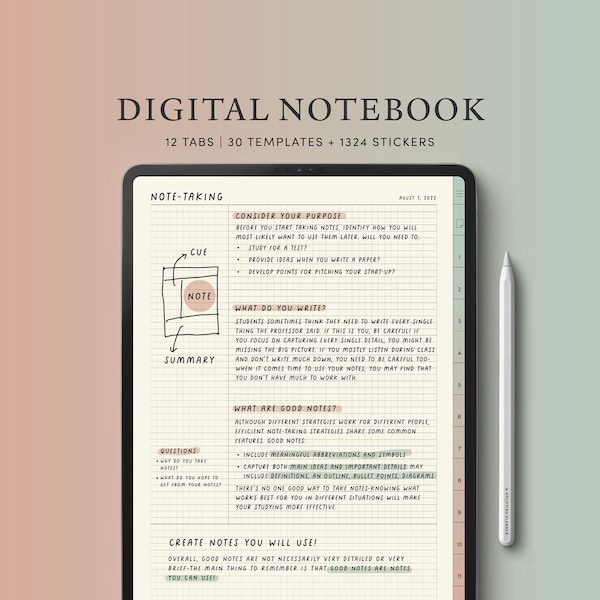 12 Tab Digital Notebook Goodnotes College Student Lecture Note paper iPad Grid Dot Cornell Graph Bujo Template Notability Notebook Portrait