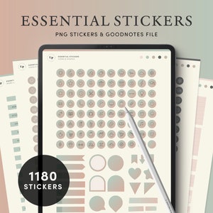 May include: A digital tablet displaying a set of 1180 essential stickers for use in the Goodnotes app. The stickers are organized into categories and include icons, shapes, and other designs. The stickers are in a variety of colors, including pink, green, and white.