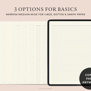 12 Tab Digital Notebook: 3 options for the basic lined, Dot grid, Graph note paper templates, bullet Journal, Bujo