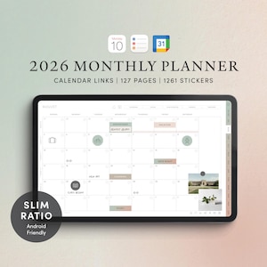 May include: A digital 2026 monthly planner displayed on a tablet. The screen shows a calendar layout with the month of August. The planner includes calendar links, 127 pages, and 1261 stickers. The tablet has a slim ratio and is Android friendly.