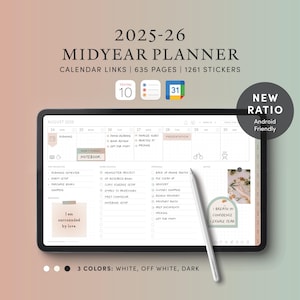 2025 2026 Mid Year Life Planner with links for Google Calendar Apple shortcut Minimalist Digital Planner GoodNotes Dated Journal Light Dark