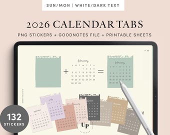 2026 Calendar Stickers: Mini Planner Tabs, Goodnotes Compatible (Digital Download)