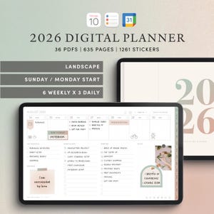 May include: Digital planner for 2026, displayed on a tablet. The planner features a landscape layout, with options for Sunday/Monday start and 6 weekly x 3 daily views. Includes 36 PDFs, 635 pages, and 1261 stickers. The screen shows August 2025.