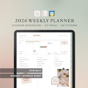 Peut inclure: Un planificateur hebdomadaire numérique 2026 affiché sur une tablette. Il comprend l'intégration du calendrier, 227 pages et 1261 autocollants. L'écran montre une mise en page de janvier avec des sections pour les priorités, le travail et les tâches personnelles. Texte: "Croyez que vous pouvez."