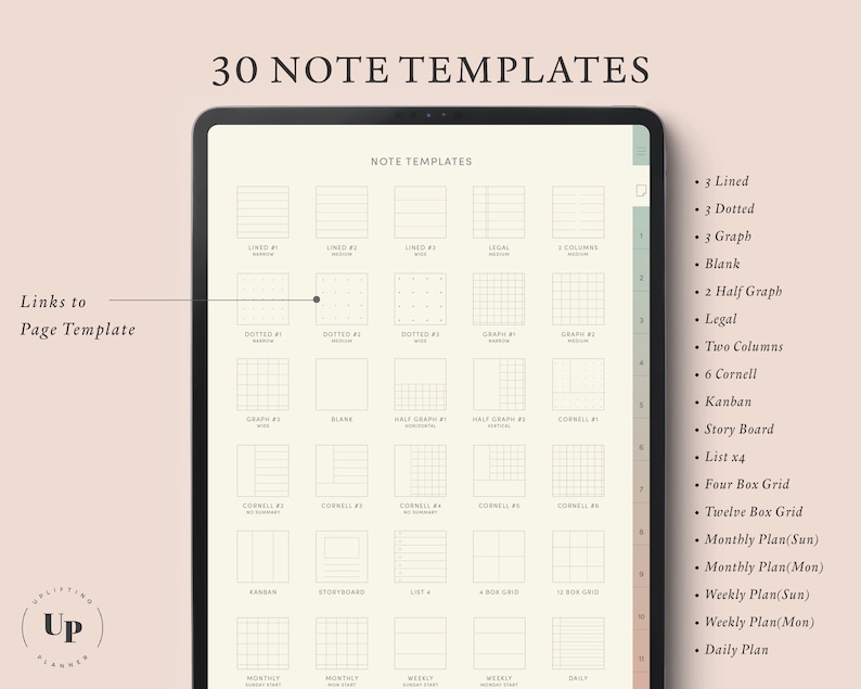 30 note templates in 12 Tab Digital Notebook including simple planner templates.