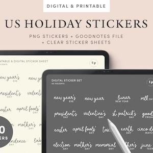 May include: A digital sticker set featuring US holidays. The stickers are in a handwritten font and include holidays like New Year's Eve, President's Day, Valentine's Day, Easter, April Fools' Day, Mother's Day, Memorial Day, and more. The set includes 100 stickers.