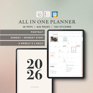 May include: An all-in-one digital planner for 2026, displayed on a tablet, with a calendar view for January. The planner includes 36 PDFs, 635 pages, and 1261 stickers. The cover of the planner features the numbers "20 26".