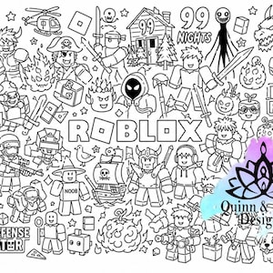 May include: A black and white coloring page featuring various blocky characters, swords, a pirate ship, a helicopter, and a house labeled 99 Nights. The text Roblox, Blox Fruits, and Tower Defense Simulator are visible, along with a Quinn & Harry Designs logo.