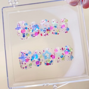 Glitter Cute Press on nails short nails/Rhinestone transparent nails/Star nails/cute nails/kawaii nails/y2k nails/Gift for daughter