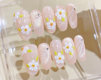 Hand painted flower press on nails long oval nails/Cat eye nails/Floral nails/Elegant Nails/ Fairycore nails/Princess nails/Fairy Nails