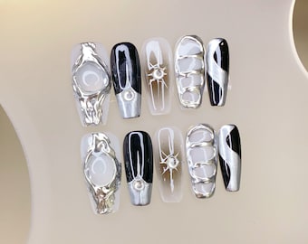 Gothic Silver Press on nails long coffin nails/3D Chrome nails/metallic silver nail/Sun star nails/Black nails/gyaru nails/gothic nails