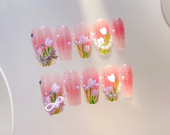 Tulip Pink Press On Nails short nails/Floral Nails/Pink Nails/Princess Nails/Fairy Nails/Elegant Nails/Gift for her nail/birthday nails
