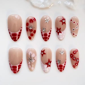 Y2k Star Pink Press on nails long almond nails/Y2k Nails/Star Nails/Pink Nails/Crocodile pattern nails/Birthday Holiday Nails