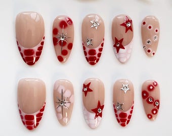 Uñas postizas de color rosa estrella Y2k, uñas almendradas largas/Uñas Y2k/Uñas de estrella/Uñas rosas/Uñas con estampado de cocodrilo/Uñas para cumpleaños y fiestas