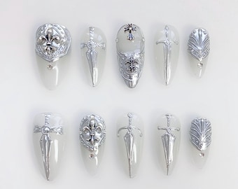 Silver 3D Chrome Nails/Gothic Press On Nails Short Almond nails/White Nails/Cross Nails/Punk Nails/sword nails/French nails/Birthday nails