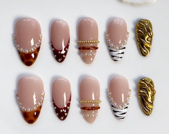 Bangle Stacks Nails/Fall Nails/Tortoise Shell nails/Press on nails long almond nails/Leopard Nails/3D Gold Chrome Nails/Zebra Nails Gold