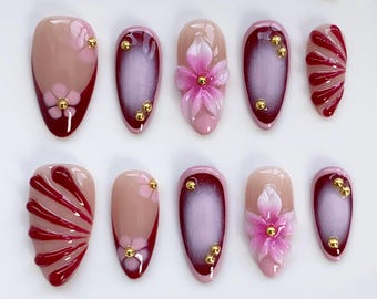 Unhas postiças longas amendoadas com estampa de flores roxas/Unhas de gel 3D/Unhas roxas/Unhas para festas/Unhas francesas florais/Unhas Aura/Unhas de aniversário