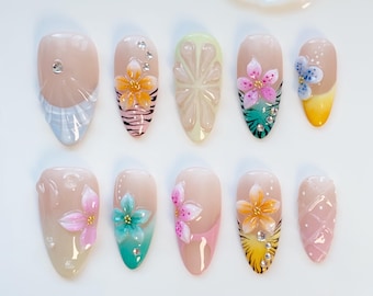 Dreamy Summer Orange Flower Bloom Press on nails long almond nails/3D Floral Nails/Leopard Nails/Holiday Nails/Summer Nails/3D Gel Nails