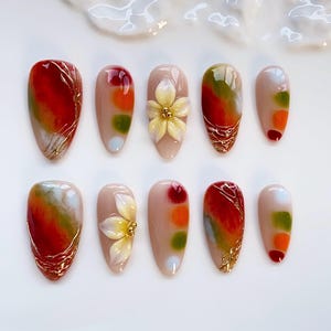 Unhas postiças flor de laranjeira de verão unhas longas amêndoa/unhas florais 3D/unhas verdes/unhas de férias/unhas de verão/unhas de gel 3D para aniversário