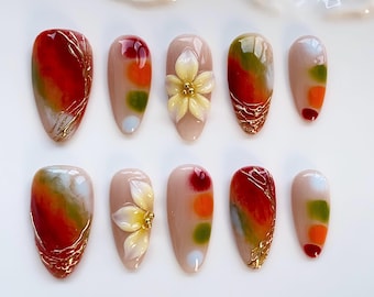 Summer Orange Flower Bloom Press on nails long almond nails/3D Floral Nails/Green Nails/Holiday Nails/Summer Nails/3D Gel Birthday Nails