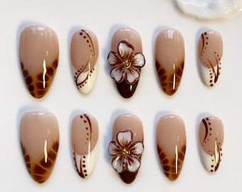 3D Blooming Flower Nails/Brown press on nails Long almond nails/Elegant nails/French nails/Brown croc nails/Custom Nails Birthday