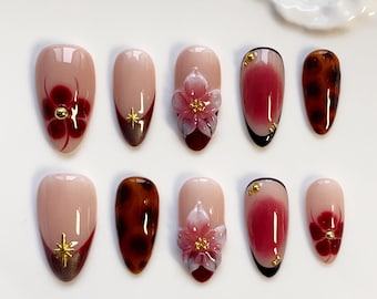 Burgundy Blooming Flower Nails/3D Flower Nails/Luxurious nails/Golden Star Nails/tortoiseshell nails/Fall Press on nails long almond nails