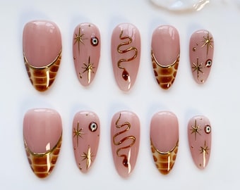 Devil's Eye Nails/Brown Press on nails long almond nails/snake nails/star nails/French Nails/Gothic Nails/Brown nails/Birthday Nails