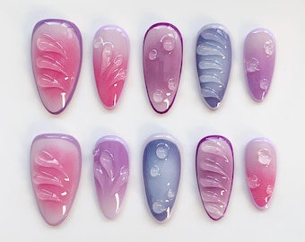 Purple Press on nails long almond nails/Aura Nails/Blue Floral Nails/Holiday Nails/Summer Nails/3D Gel Nails/Birthday Nails/Pink Nails