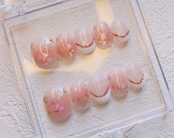 Cherry blossoms nails/French flower press on nails short nails/floral nails/Pink nails/cute nails/kawaii nails/Elegant Nails/birthday nails