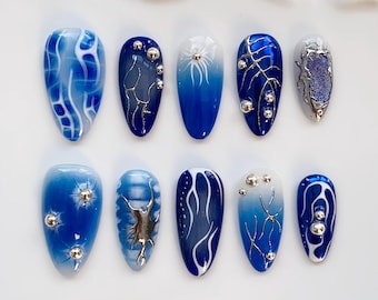Gothic Blue Press On Nails long almond nails/gothic nails/3D Chrome nails/Metallic silver nail/Sun Star Nails/Y2k nails/Gyaru nails