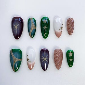 Colorful Sun star press on nails long almond nails/Spray Green nails/gold chrome nails/moon nails/Free style nails/French Birthday nails