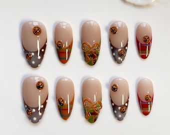 Ongles d'automne/presse française marron sur les ongles ongles longs en amande/clous de coccinelle/ongles à carreaux rétro/clous avec noeud/clous à pois/ongles d'anniversaire sur mesure