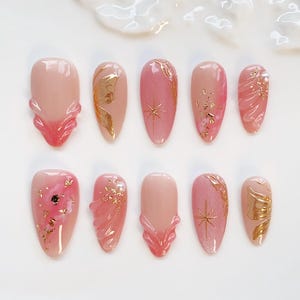 Glitter Pink Press on nails long almond nails/Star Nails/Pink Nails/Pink Cat eye nails/Elegant Nails/French nails birthday/Gold Chrome nails