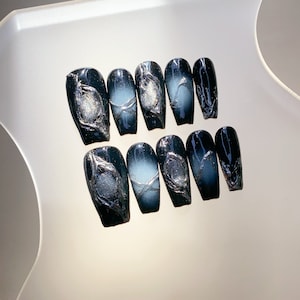 Gothic Black Press on nails long coffin nails/3D Chrome nails/Spray Dark blue nails/Metallic silver nail/gyaru nails/gothic nails/goth nails