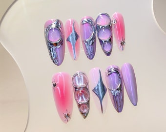 Glitter Gothic Pink Press On Nails Long almonds nails/3D Chrome nails/free style nails/y2k nails/gyaru nails/birthday nails/party nails